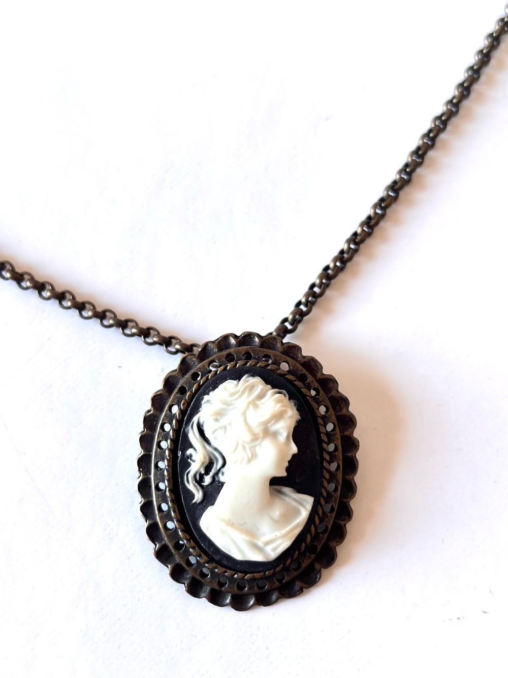 Vintage long brass color Cameo Necklace